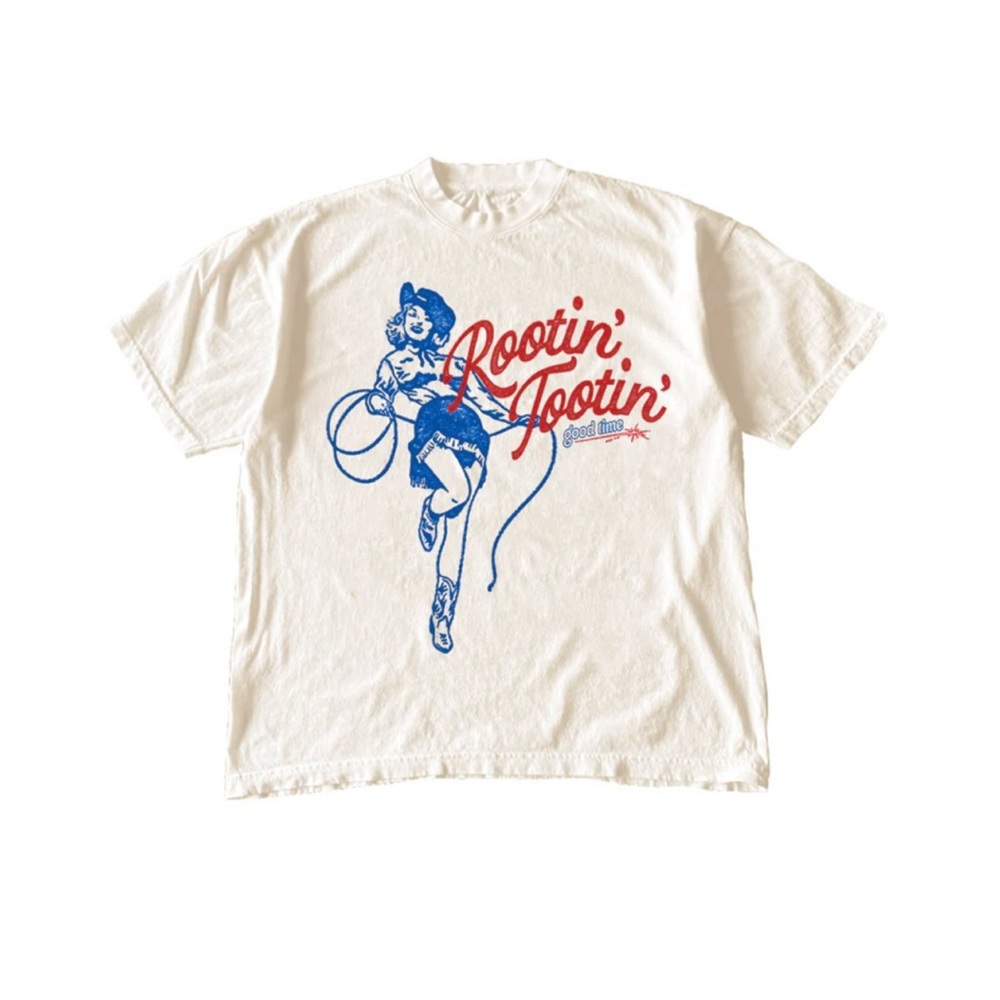 Rootin' Tootin' good time Cowgirl Graphic Short Sleeve Tee - Ivory/Blue/Red